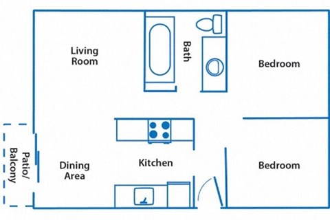 Floor plan for 2 beds, 1 bath, 892 sqft